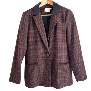 Lush Brown Tweed Wool Blend Faux Leather Collar One Button Preppy Blazer